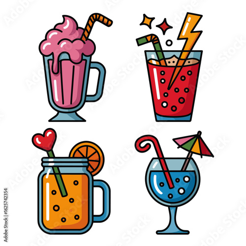 Four cartoon drinks with straws and toppings, perfect for beverage illustrations in menus, posters, and social media content creation.