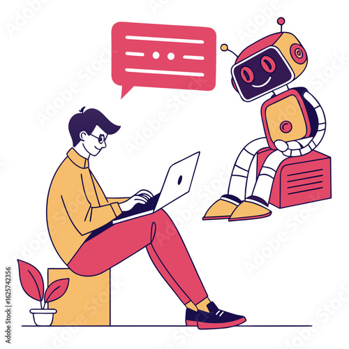 Man interacting with a friendly robot via laptop and chat bubble isolated on transparent background