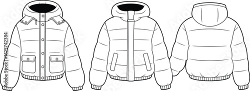 Flat vector technical sketch of puffer jacket front and back views with hood perfect for fashion design templates and apparel illustration