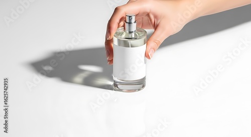 A woman's hand presents a clear glass perfume bottle with a blank white label for mockup, set against a clean white background.