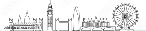 London skyline continuous line art, famous landmarks drawing, Big Ben, London Eye, minimal cityscape sketch, United Kingdom architecture illustration, travel destination vector graphic