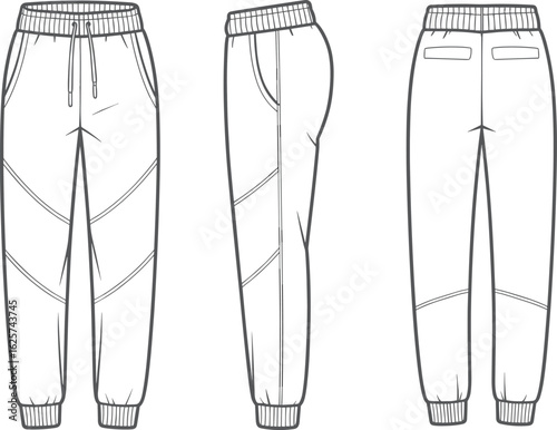 Jogger pants vector technical flat sketch with elastic waistband, drawstring front, back pockets, and detailed sporty panel seam lines