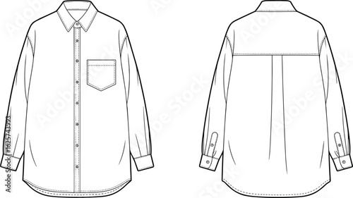 Minimal flat sketch of classic long sleeve button-up shirt with front pocket, back yoke, cuff plackets, and clean outlines