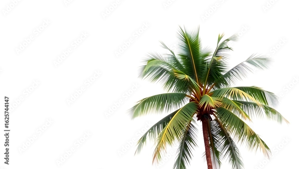Fototapeta premium A single coconut palm tree with green fronds against a stark white background on a sunny day image