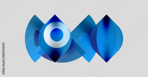 Abstract blue design. Overlapping shapes create dynamic visual effect. Gradient colors suggest depth, modern aesthetic. Simple background enhances focus.