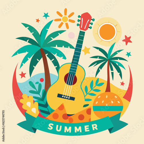 summer background with guitar, burger, palm trees and sun.