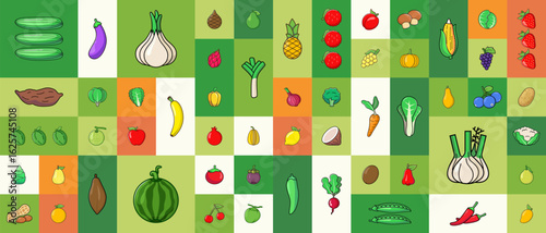 Healthy organic vegan food. Cooking dietary dishes. Vegetarian cafe. Set of icons in flat geometric style. Abstract signs. Vegetables and fruits Vector illustration