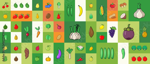 Healthy organic vegan food. Cooking dietary dishes. Vegetarian cafe. Set of icons in flat geometric style. Abstract signs. Vegetables and fruits Vector illustration