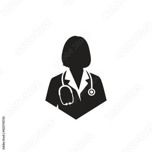 Vector art of silhouette of a female doctor with a stethoscope isolated on white background