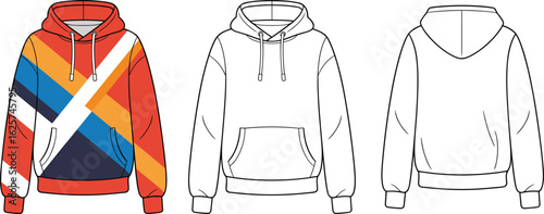 Technical flat sketch of unisex hoodie sweatshirt with bold diagonal color blocking, drawstring hood, kangaroo pocket, ribbed cuffs, and hem
