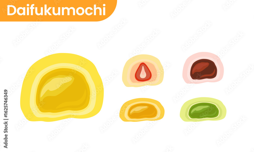 Obraz premium Set of mochi cake, daifukumochi or daifuku japanese confection consisting vector illustration.