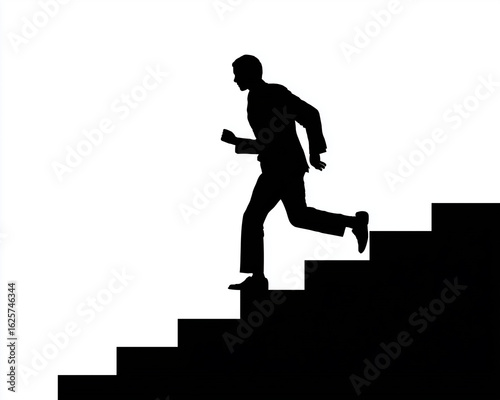 Businessman running up stairs silhouette, achieving career goals