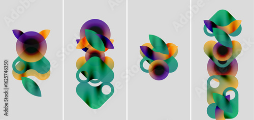 Abstract colorful shapes overlap, creating dynamic compositions. Four panels display variations, gradients shift between purple, green, orange hues.