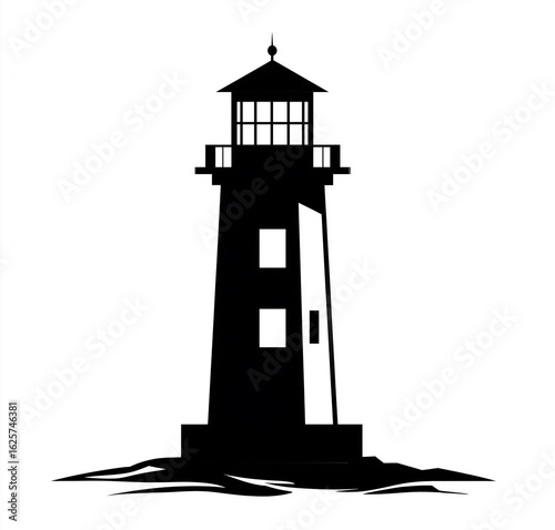 Black silhouette of lighthouse guiding ships at sea