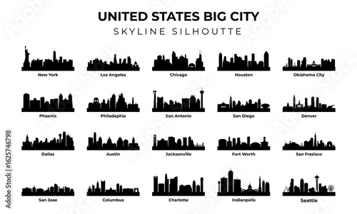 Usa City Skyline Silhouette set vector, America Big city Skyline silhouette vector