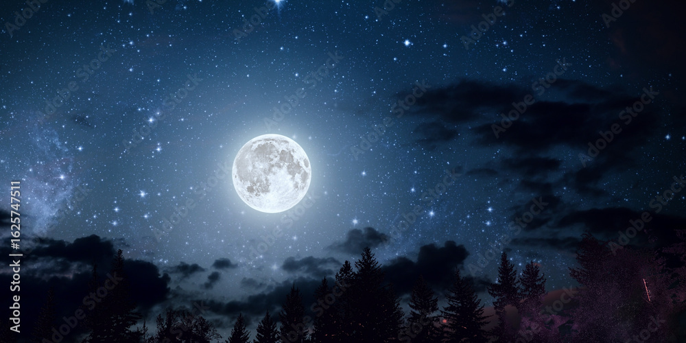Naklejka premium night landscape with moon and clouds