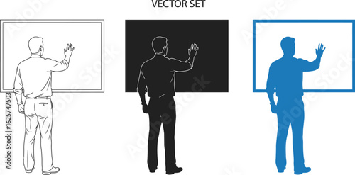 Man touching screen vector set in line art silhouette and blue design