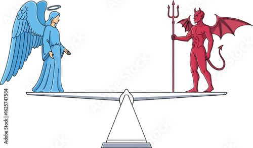 Angel and devil balancing on a seesaw in a cartoon style illustration
