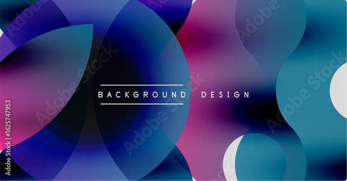Abstract circles overlap, creating vibrant purple, blue gradients. Text reads background design centered within composition. Modern aesthetic.