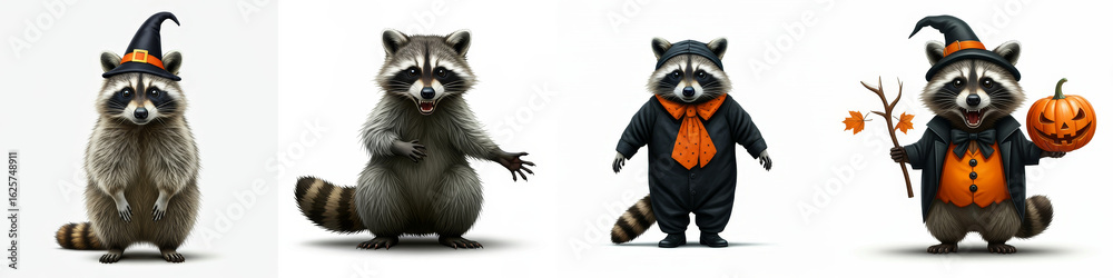 Obraz premium Adorable Raccoons in Halloween Costumes - Four cute raccoons dressed in various Halloween costumes, perfect for autumn or Halloween themed projects