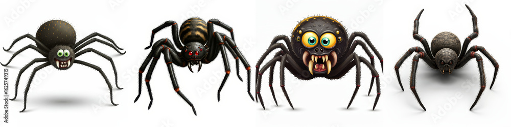 Fototapeta premium Four Cartoon Spiders Illustration - Illustration of four cartoon spiders, each with unique designs and expressions, on a white background