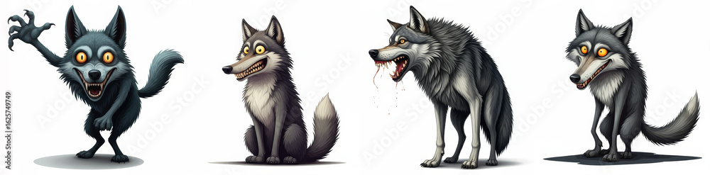 Fototapeta premium Four Wolf Cartoon Characters - A collection of four unique wolf cartoon illustrations, showcasing different expressions and postures: playful, mischievous, aggressive, and sly.