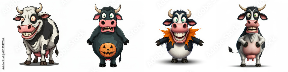 Fototapeta premium Funny Cow Characters Halloween Designs - Four unique cartoon cows, each with a distinct personality and Halloween costume. Symbolizing humor, festivity, creativity, imagination, and fun