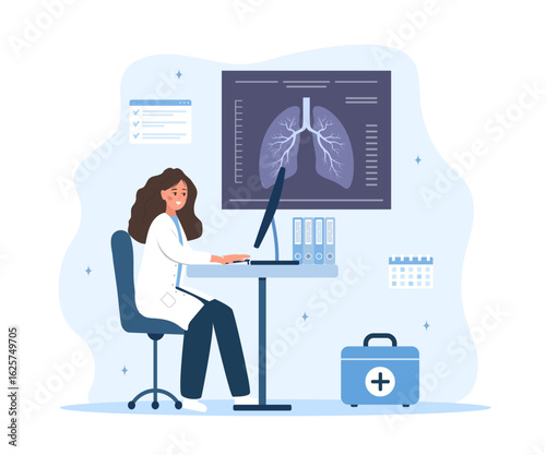Pulmonology concept. Female doctor check X Ray scanning and fluorography. Health lungs check up. Vector illustration in flat cartoon style.