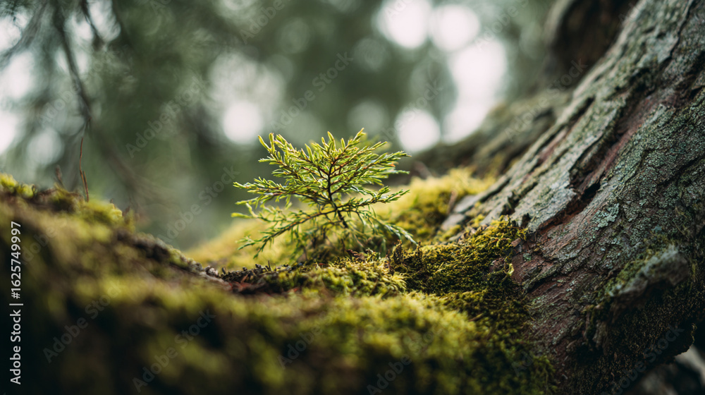 Fototapeta premium A small tree growing on a mossy branch in a forest with a blurred background