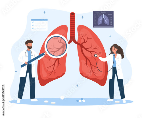 Pulmonologist concept. Male and female doctor examination Respiratory system disease. Vector illustration in flat cartoon style.
