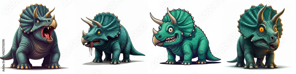 Fototapeta premium Triceratops Cartoon Illustrations - Four cute cartoon Triceratops dinosaurs in various expressions, isolated on white background. Perfect for kids' books, games, or websites