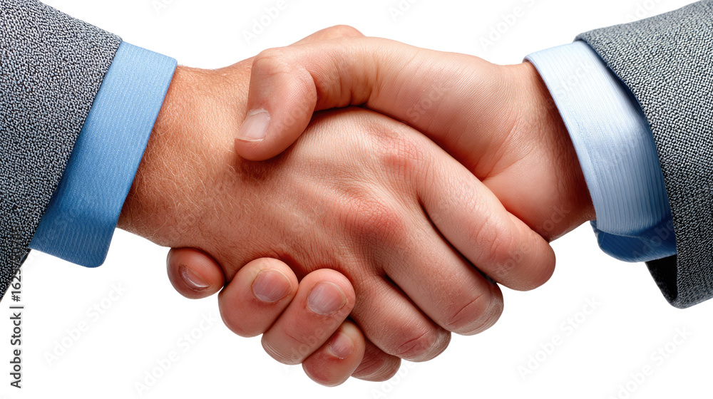Fototapeta premium Handshake of Agreement: A close-up shot of two business people engaging in a firm handshake. This image symbolizes agreement, partnership, and deal-making.
