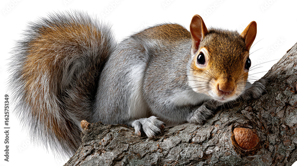 Obraz premium Curious Squirrel on Branch: A charming squirrel, with a bushy tail, perches confidently on a sturdy tree branch, its gaze capturing the viewer's attention