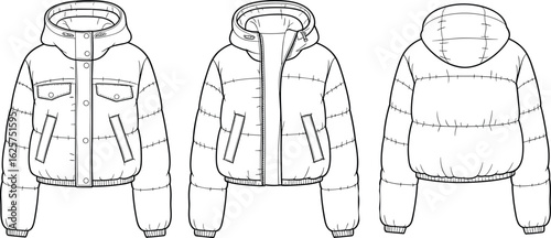 Vector technical flat sketch of cropped puffer jacket front, open front, and back views with hood and pockets for design