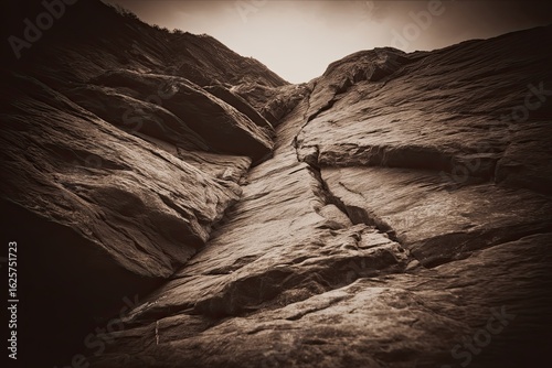 Close-up view of a rugged rock face.  A deep crack runs vertically through the image.  The textured rock faces are angled upwards, meeting at a point in the distance