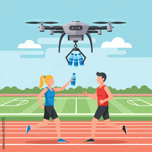 Athletes receive water bottles from a drone during a track and field race