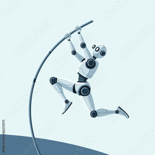 White robot athlete pole vaulting over a bar in a dynamic motion with a clean minimalist style