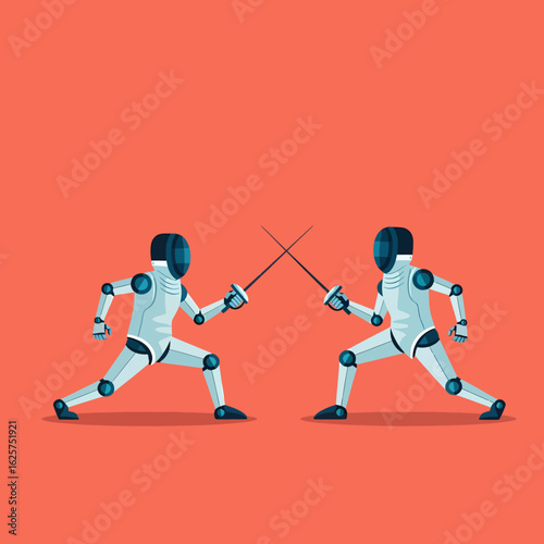 Two robots engaged in a fencing duel with swords crossed in a dynamic stance against a plain background
