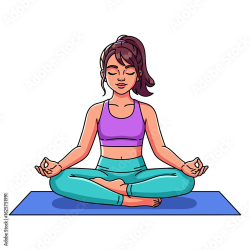Cartoon woman with brown ponytail meditating peacefully in lotus pose on a blue mat wearing colorful athletic apparel.