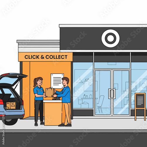 Customer picking up online order at store counter with car waiting