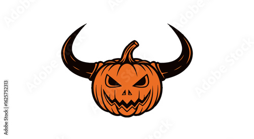 Stylized demonic pumpkin head with large curved black horns and an evil carved face.