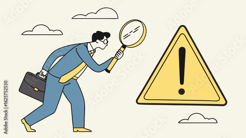 Businessman Investigating Problem:  Serious Alert, Urgent Issue, Magnifying Glass, Vector Illustration, Flat Design, Minimalist Style.