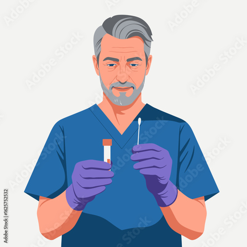 Elderly male medical professional holds swab and sample tube for testing