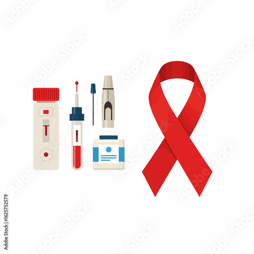 Rapid HIV testing kit with lancet and red ribbon on white background