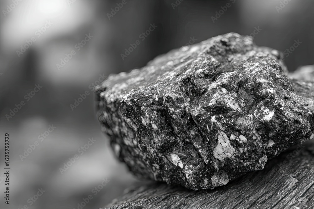 Fototapeta premium Close-up grayscale shot of a rough, textured rock resting on a wooden surface. Soft, out-of-focus background