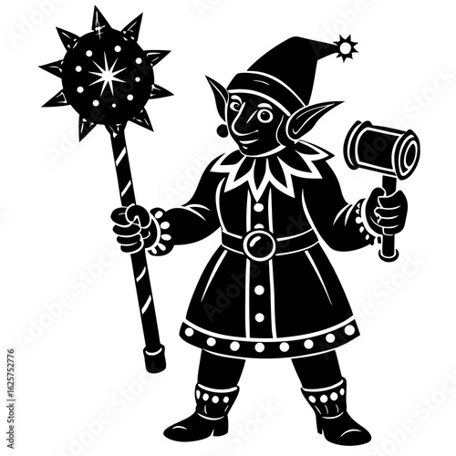 Silhouette of christmas elf with mace and hammer isolated on white background