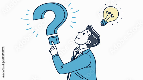 Businessman contemplating solution:  Question mark, lightbulb, hopeful expression, problem-solving concept, vector illustration, flat design, blue color scheme.