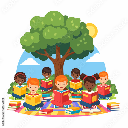 Diverse group of happy children enjoying reading books together outdoors under a large tree on a sunny day