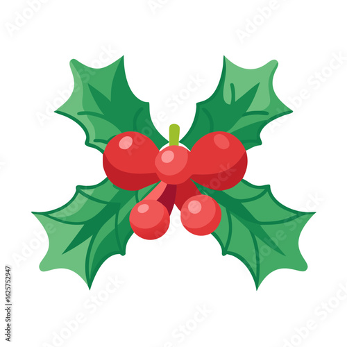 Illustration of a holly branch with red berries and green leaves isolated on white