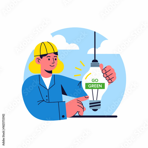 Person holding a light bulb with go green text inside and radiating yellow lines on a blue background with clouds